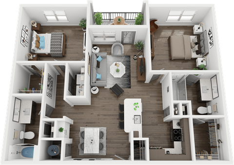 A 3D floor plan of a house with a kitchen, living room, and bedrooms.